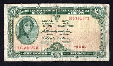 1965 Ireland IR1 Lady Lavery Banknote Series A. Note issued 23/06/65 Serial number 55G381375