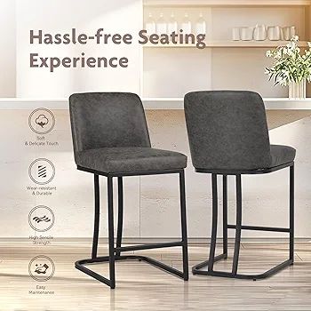 Bar Stools Set of 2, Kitchen Breakfast Bar Chairs, with Backrest, Steel Frame, Modern Barstool Set, Pub Stools, Sturdy Metal Frame, for Dining Room, Kitchen, Party (Grey)