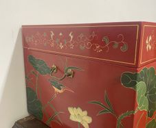 Large Chinese Style Red Lacquered Storage Chest, Hand Painted Design