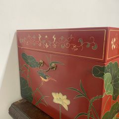 Large Chinese Style Red Lacquered Storage Chest, Hand Painted Design