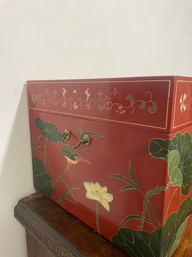 Large Chinese Style Red Lacquered Storage Chest, Hand Painted Design