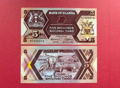 Uganda  5 Shillings  1987  Pick  27a.  ( Uncirculated )