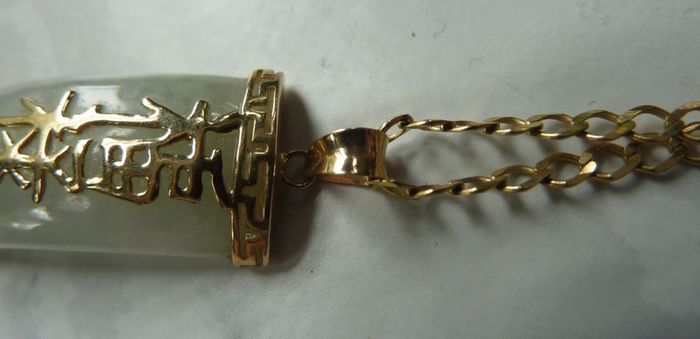 9ct Gold and Jade Pendant Necklace, Chinese Character Design, Italian 375 Chain