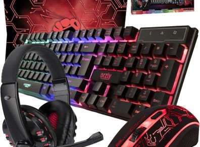 Gaming Keyboard and Mouse and Mouse pad and Gaming Headset, Wired LED RGB Backlight Bundle for PC Gamers Users - 4 in 1 Gift Box Edition Hornet RX-250