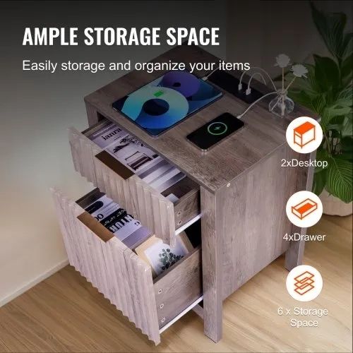 Farmhouse End Table, Set of 2, Square Night Stand with USB Ports and Outlets, 3 Tiers End Table Side Table with Storage Cabinet and 2 Drawers
