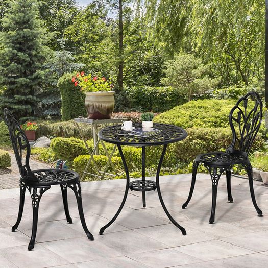 3PCs Garden Table Set Bistro Set Round Table with Umbrella Hole and 2 Chairs for Outdoor Indoor Patio Balcony Aluminium