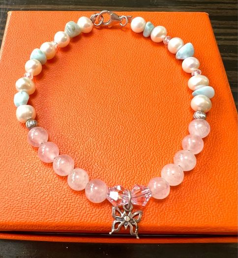 Larimar and Pearl silver bracelet with butterfly pendant