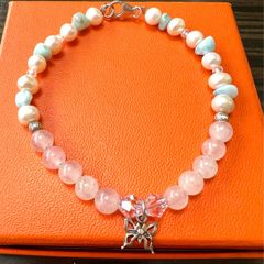 Larimar and Pearl silver bracelet with butterfly pendant