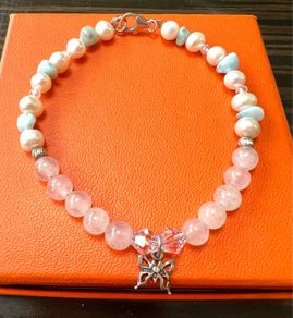 Larimar and Pearl silver bracelet with butterfly pendant
