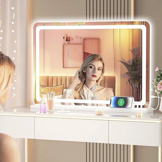 Vanity Mirror with Lights, 80 x 50cm LED Makeup Mirror, Lighted Make up Mirrors with with Touch Screen Control, 3 Dimmable Modes Round White
