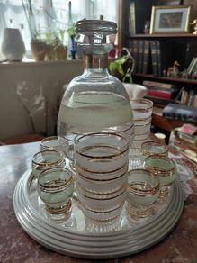 Vintage French liquor service set with mirrored serving tray