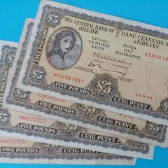 Irish 1970's 4 X Lavery Five pound banknote in Fine condition