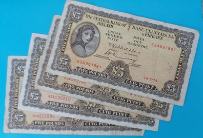 Irish 1970's 4 X Lavery Five pound banknote in Fine condition