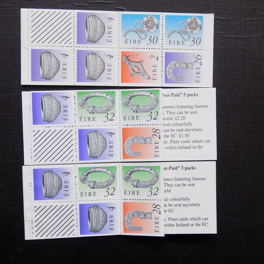Ireland 1990/92.Three Complete Definitive Stamps in Booklets.Tara Brooch.Ardagh Chalice.St.Patricks Bell Shrine.MNH.