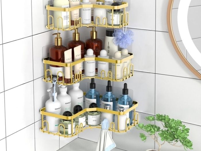 3 Pack Corner Shower Caddy, Adhesive Bathroom Shelves with 18 Hooks, Drill-Free & Quick-Dry Shower Organizer with Large Capacity, Rustproof Stainless Steel Bathroom Corner Storage Rack, Gold