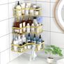 3 Pack Corner Shower Caddy, Adhesive Bathroom Shelves with 18 Hooks, Drill-Free & Quick-Dry Shower Organizer with Large Capacity, Rustproof Stainless Steel Bathroom Corner Storage Rack, Gold Image 3