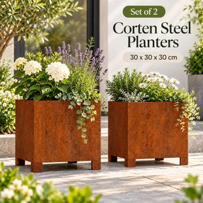 Set of 2 Corten Steel Raised Planters 30 x 30 x 30 cm