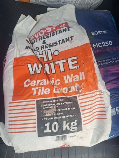 Tile adhesive, self levelling compound and grout.