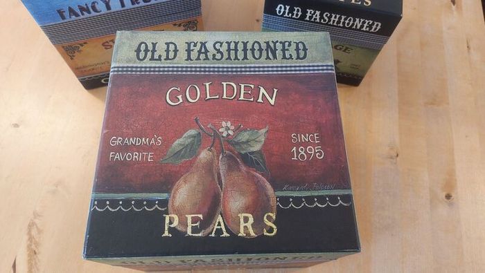 Fabulous Set of Three Large Graduated Stackable Nesting Storage Boxes by Quality Manufacturer Bob's Boxes/Lang Paper Co. with "Fancy Fruits" Artwork by Kimberly Poloson