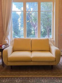 French Connection butter yellow velvet couch