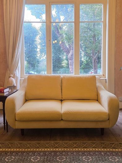 French Connection butter yellow velvet couch