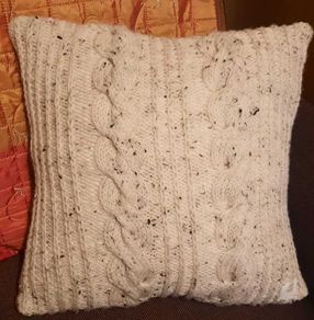 Hand Knit Aran and Fabric Cushion Cover