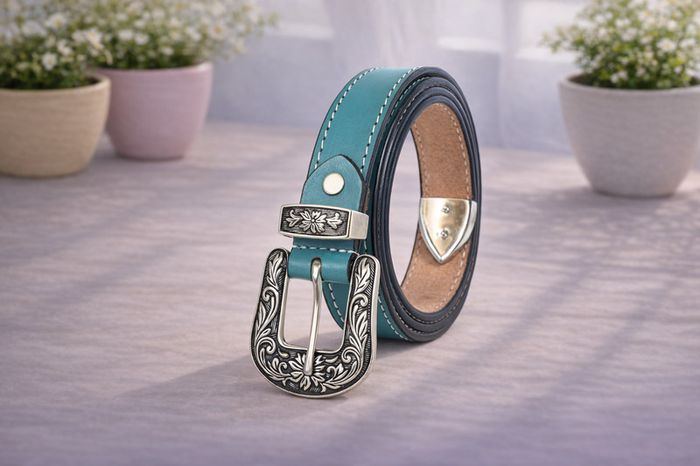 Unisex Premium Teal Genuine Leather Belt Vintage Engraved Silver Buckle