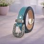 Unisex Premium Teal Genuine Leather Belt Vintage Engraved Silver Buckle Image 4