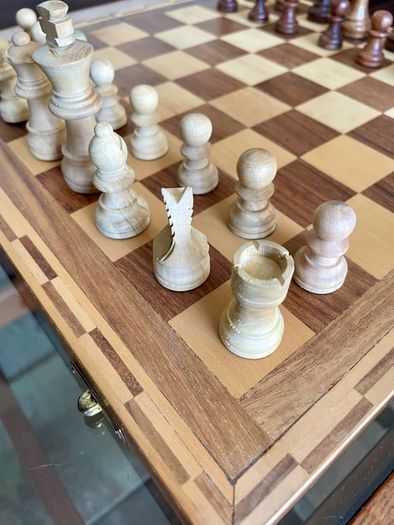 Vintage Marquetry Inlaid Folding Wooden Chess Board Chess Pieces Dice and Counters