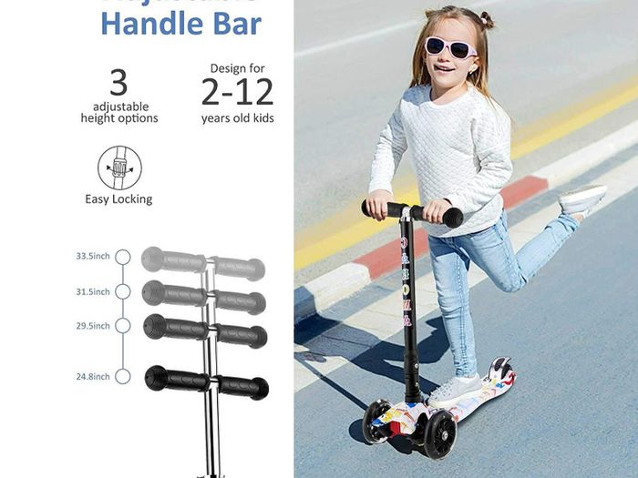 CAROMA Scooter for Kids, 3 Wheel Foldable Toddler Scooter for Boys and Girls Ages 3-12 Years Old, with 4 Height Adjustable, LED Flashing Wheels and Lean-to-Steer