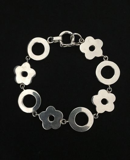Solid .950 Silver Modernist Flower & Circle Link Bracelet