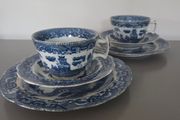 Old Willow Blue White Trios Cups Saucers Plates