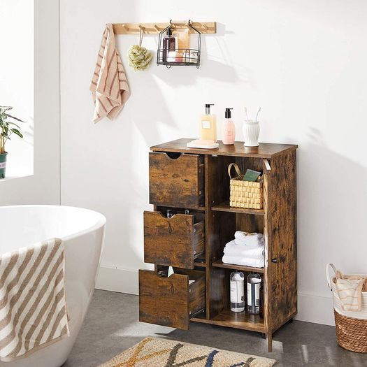 Storage Cabinet with 3 Drawers, 2 Adjustable Shelves for the Bathroom, Living Room, Kitchen, Hallway, Vintage, Brown