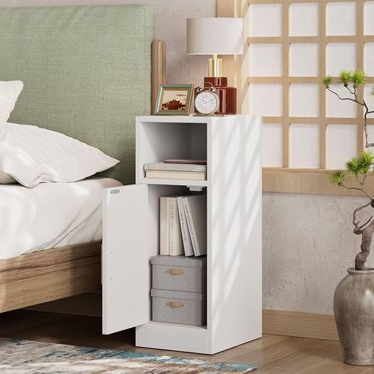 Slim Bedside Table Set of 2, Rattan Nightstand with Open Compartments and Cupboard for Small Spaces, Small Narrow Side End Table for Bedroom Living Room, White