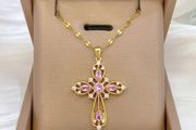 Cross Crucifix Pink Stone Crystal Gold Pendant Necklace