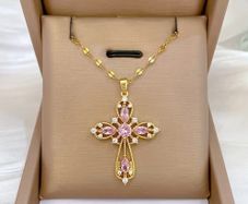 Cross Crucifix Pink Stone Crystal Gold Pendant Necklace