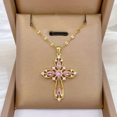 Cross Crucifix Pink Stone Crystal Gold Pendant Necklace