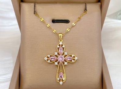 Cross Crucifix Pink Stone Crystal Gold Pendant Necklace