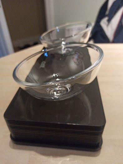 cat double glass bowls with stand, priced to sell