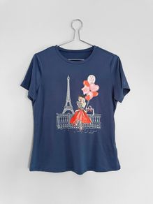 Pre Owned Navy Blue Paris Eiffel Tower Graphic T-Shirt