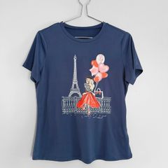 Pre Owned Navy Blue Paris Eiffel Tower Graphic T-Shirt