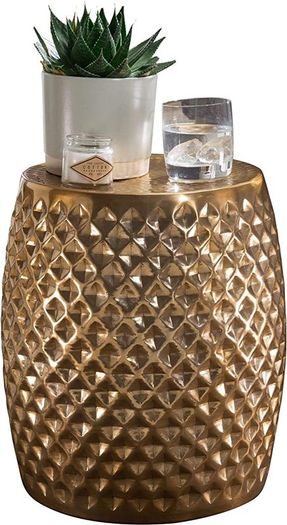 Side Table 32 x 42 x 32 cm Aluminium Oriental Round Flat Hammered Metal Design Living Room Table Modern Shelf Table Indian Telephone Table Small