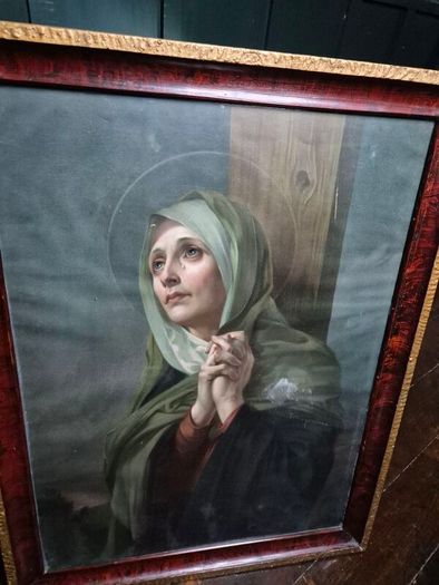Vintage 1934 large print Mater Dolorosa glass wood framed