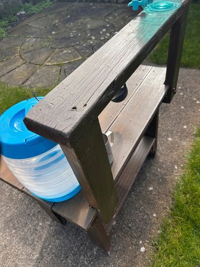 Hand made solid timber mud kitchen with stool with accessories