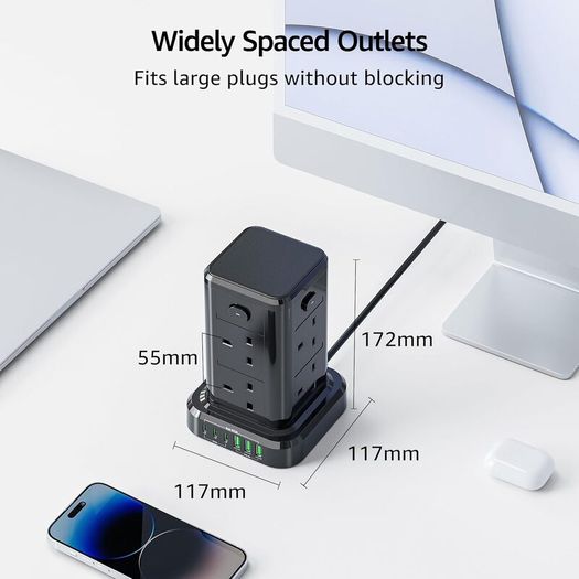 Tower Extension Lead with USB C Slots, 8 Way Multi Plug Extension Tower with 6 USB Ports, 13A 3250W Extension Cable with 4 Independent Control Switch, 1.8M Power Strip Tower for Home, Office, Kitchen