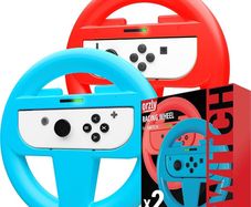 Steering Wheels for Nintendo Switch & OLED JoyCons, Racing Wheels for Mario Kart 8 Deluxe [Mariokart Switch Steering Wheel Joycon Controller Attachment Accessories] - TWIN PACK[1x Red & 1x Blue]