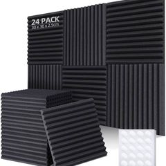 FREE EXPRESS SHIPPING Acoustic Foam Panels 24 Pack with Double-Sided Tape, Sound Proofing Panels Soundproofing Foam Sound Absorbing Panels Fireproof for Recording Studios, Offices & Home, 1" X 12" X 12"