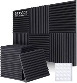 FREE EXPRESS SHIPPING Acoustic Foam Panels 24 Pack with Double-Sided Tape, Sound Proofing Panels Soundproofing Foam Sound Absorbing Panels Fireproof for Recording Studios, Offices & Home, 1" X 12" X 12"