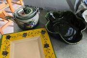 3 different items. No. 1- Mid-Century Porcelain Teapots, Japan, 1960.  95.00 euro. 2- VTG Hand Painted Le Poet Laval France Serving Plate 22.00 euro. 3- Vintage Short Dark Forest Green Ceramic 22.00 euro.