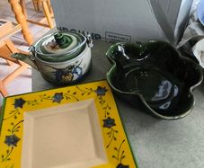 3 different items. No. 1- Mid-Century Porcelain Teapots, Japan, 1960.  95.00 euro. 2- VTG Hand Painted Le Poet Laval France Serving Plate 22.00 euro. 3- Vintage Short Dark Forest Green Ceramic 22.00 euro.